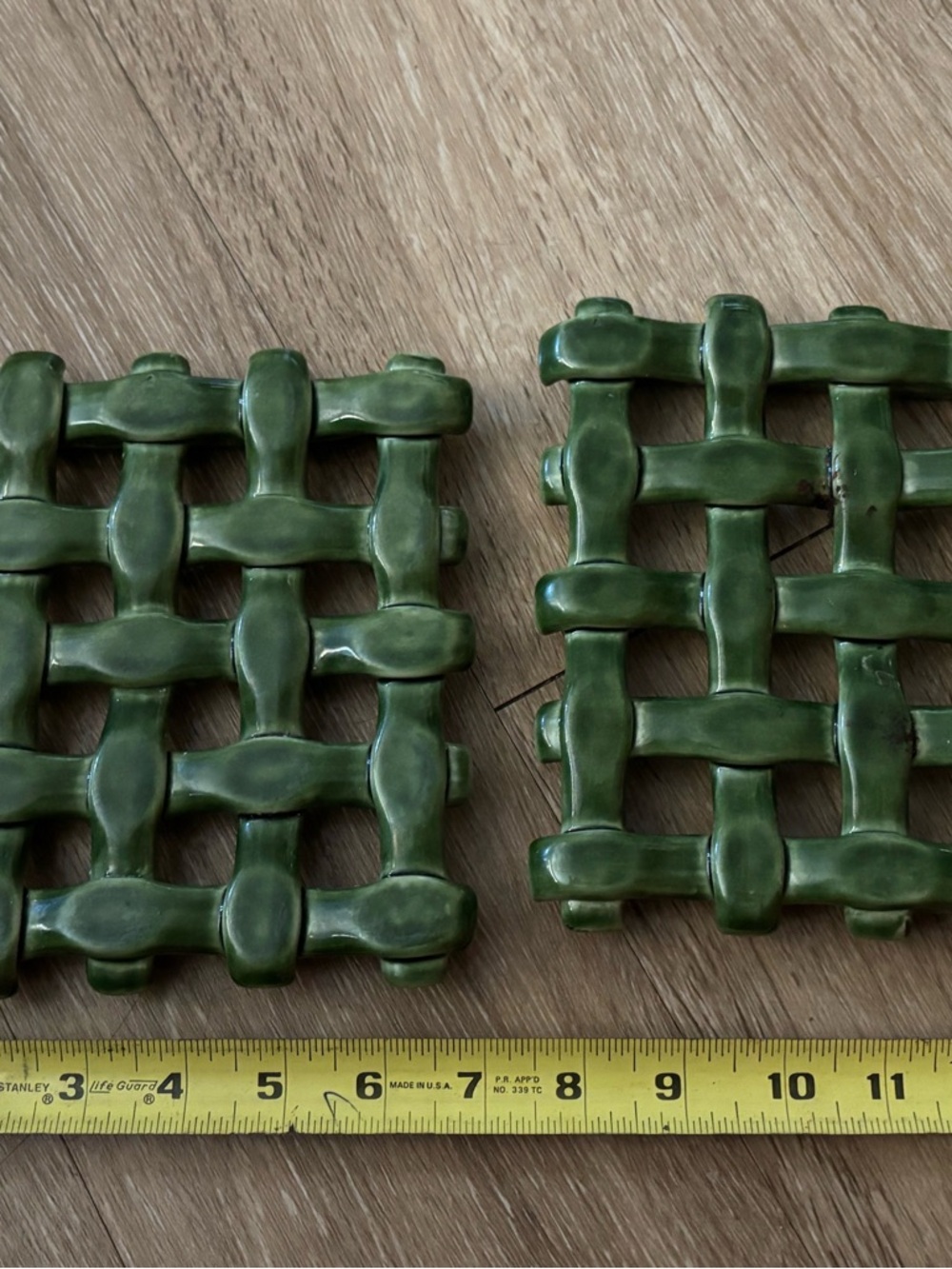 Vintage Green Ceramic Trivets Set 2 Basket Weave Mid Century Hot Pads